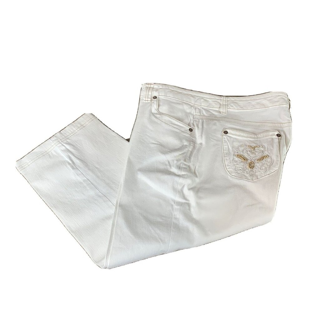 Bill Blass Jeans Women 14 Ivory Capri Zip Button Close Beaded Back Pocket Design